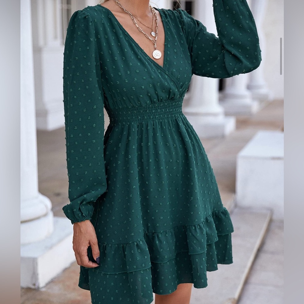 Japna Green Flowy Long Sleeve Mini Dress w Blended Polka Dot size small - Picture 11 of 15